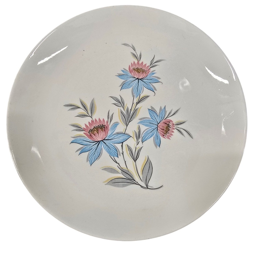 Vintage 50s Steubenville Pottery Fairlane Dinner Plates Set of 4 MCM Floral Blue